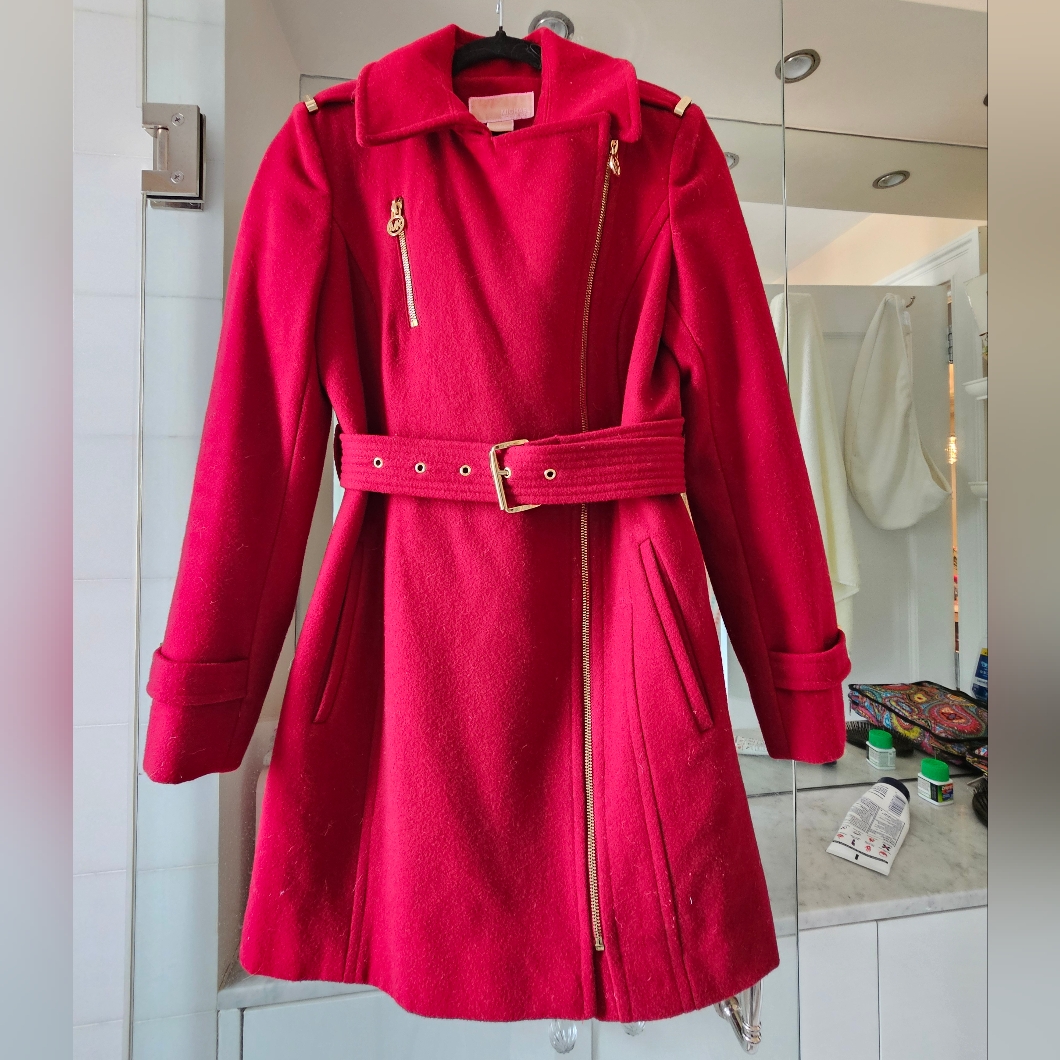 Michael Kors Red Wool Asymmetrical Belted Jacket Pea Coat - Size 4